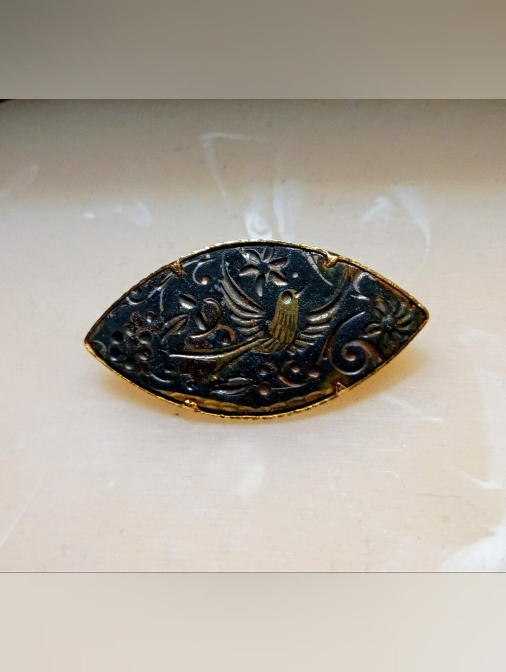 Damascene Bird Floral Metal Brooch